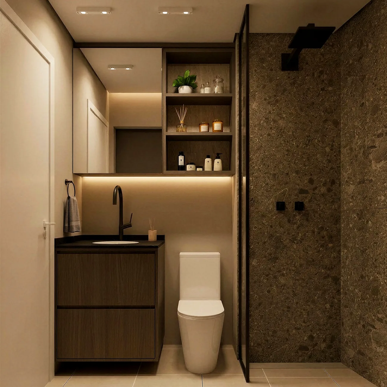 Projeto de banheiro com marcenaria detalhada, Quarten Arquitetura