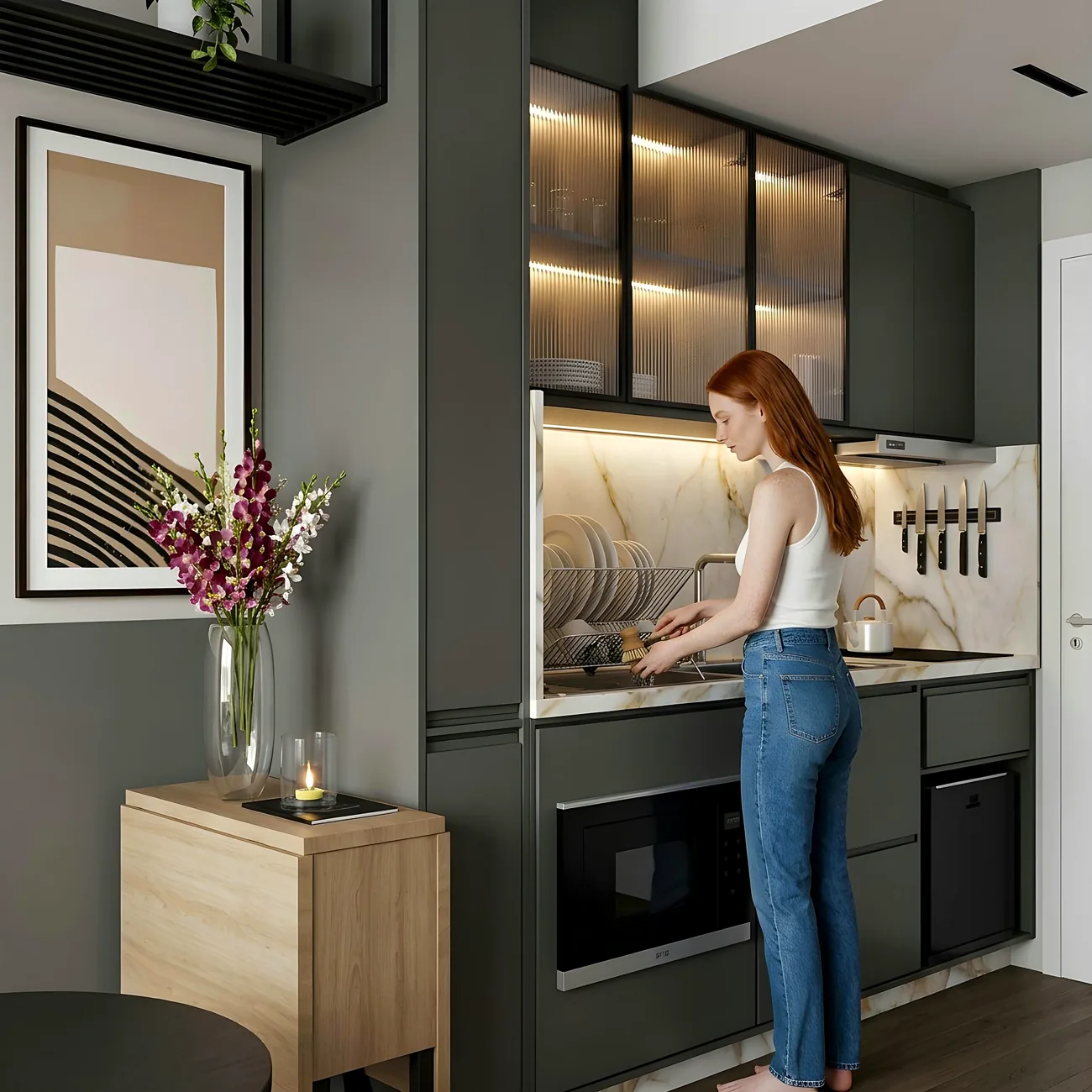 Projeto de cozinha compacta com bancada em mármore, Quarten Arquitetura