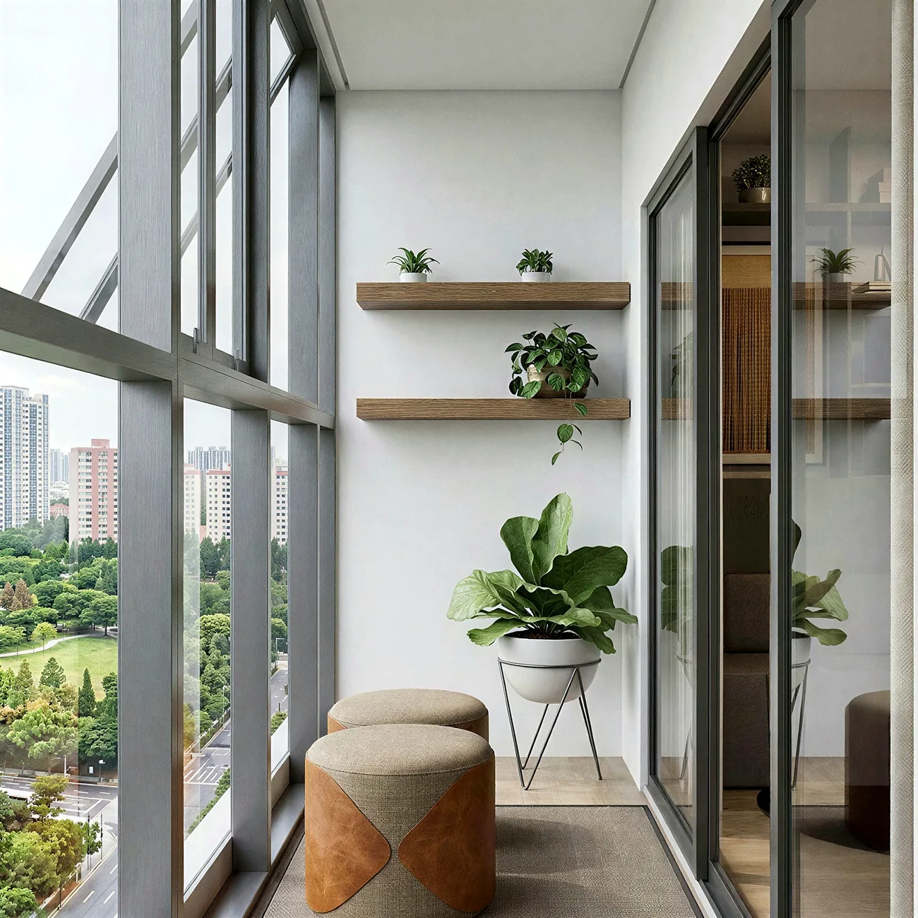 Projeto de varanda com jardim e assentos, apartamento compacto