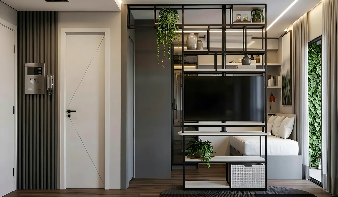 Projeto de apartamento compacto integrado, com painel ripado, estante divisória e dormitório ao fundo, Quarten Arquitetura